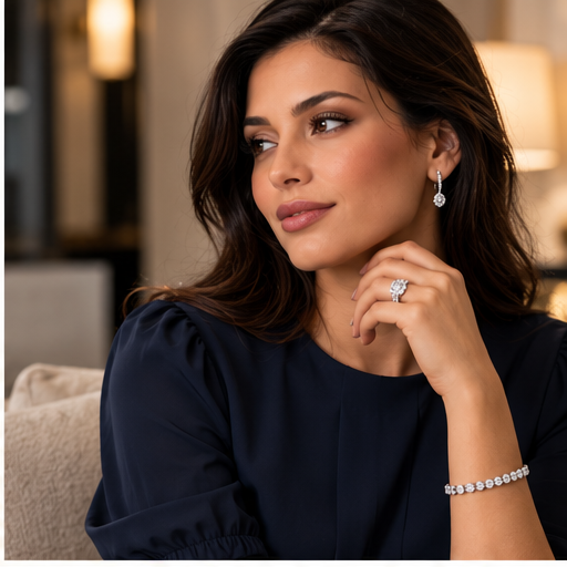 Woman in a navy blouse wearing diamond drop earrings, a ring and a tennis bracelet