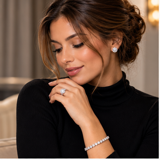 Woman in a black knit top wearing a diamond engagement ring, stud earrings and a tennis bracelet