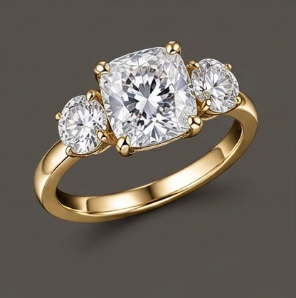 Cushion-cut diamond three-stone engagement ring in yellow gold